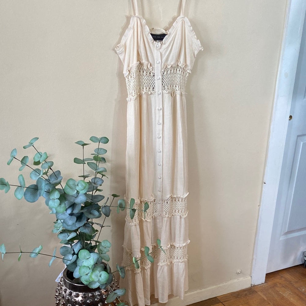New Know One Cares Cream Boho Maxi Dress Crochet Lace Prairie Cottagecore Large - Picture 2 of 9